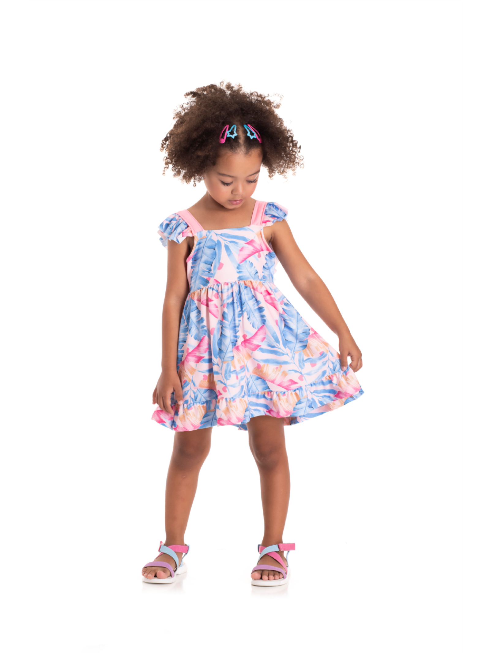 VESTIDO INFANTIL FEMININO FOLHAGEM ROSA E AZUL 2345 - FTK BRAND