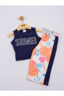 CONJUNTO INFANTIL FEMININO FLORES SHINE MARINHO 2364 - FTK BRAND 